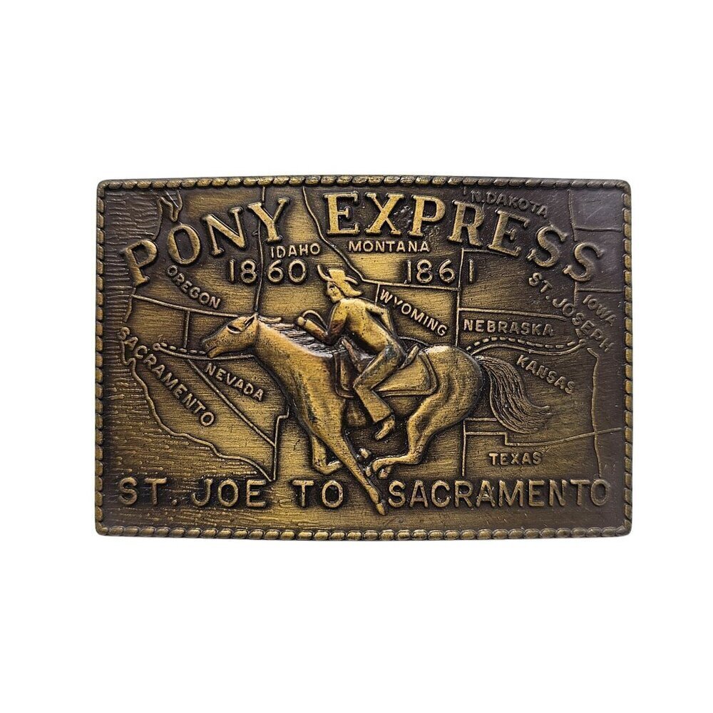 Vintage Pony Express St. Joe To Sacramento Belt Buckle 1860-1861 Antiqued Brass